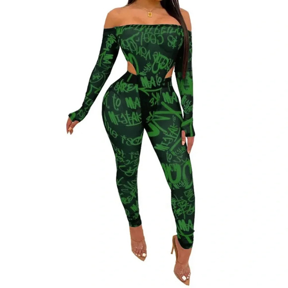 🖤 NEW Stylish Women's Long Sleeves Boat Neck Print Mesh Jumpsuit 2pcs🖤 - Picture 1 of 6